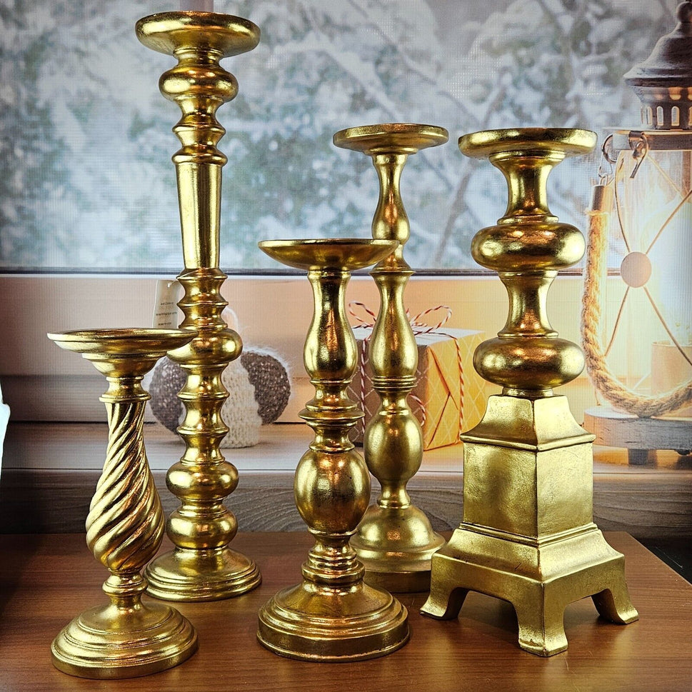 Set of 5  Drew Derose Gold finish candlestick 10" 12" 16" 18" 22"