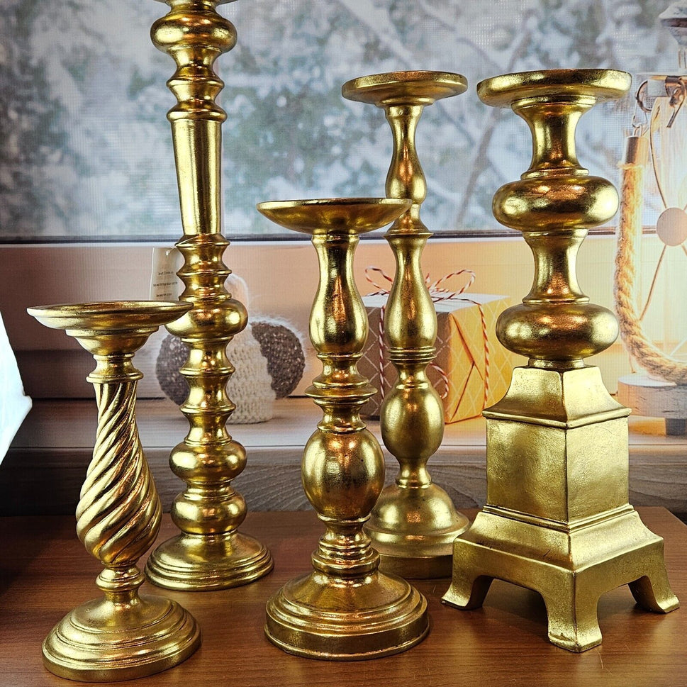 Set of 5  Drew Derose Gold finish candlestick 10" 12" 16" 18" 22"