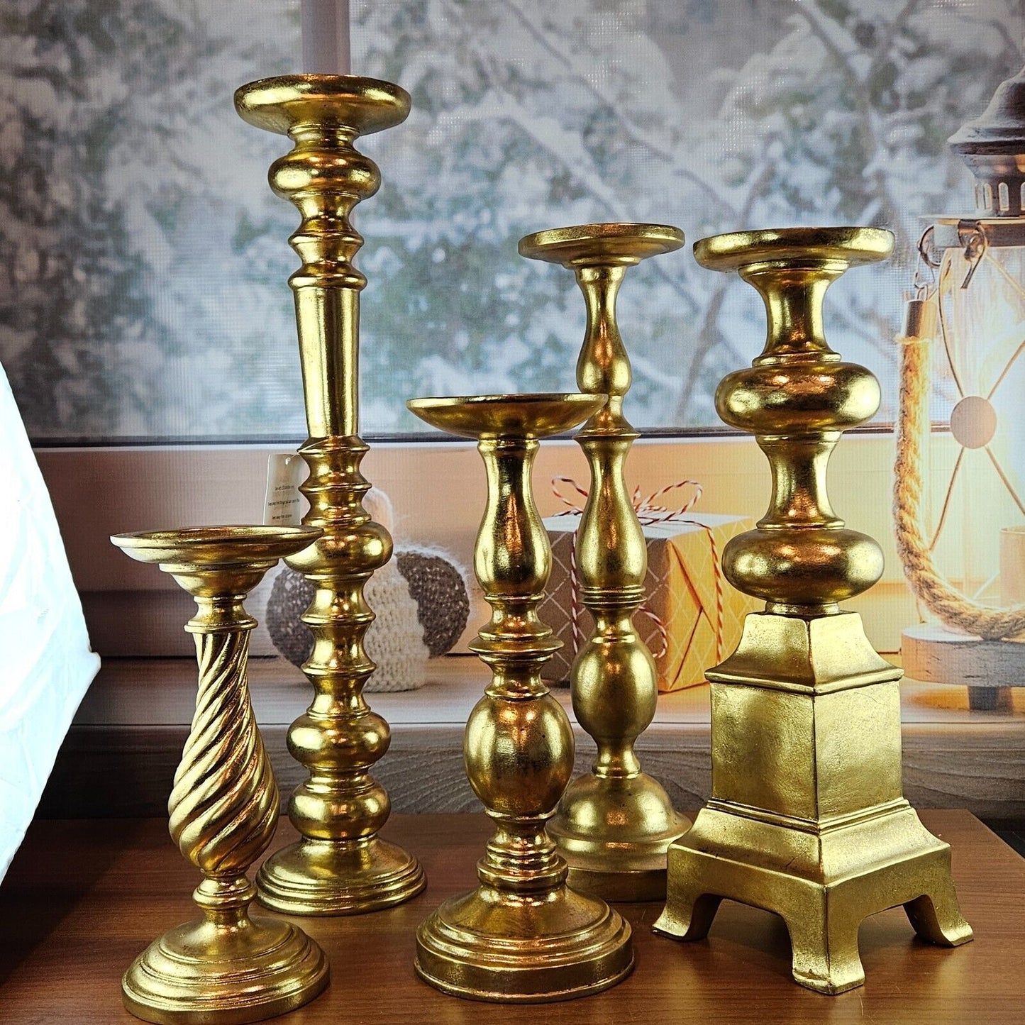Set of 5  Drew Derose Gold finish candlestick 10" 12" 16" 18" 22"