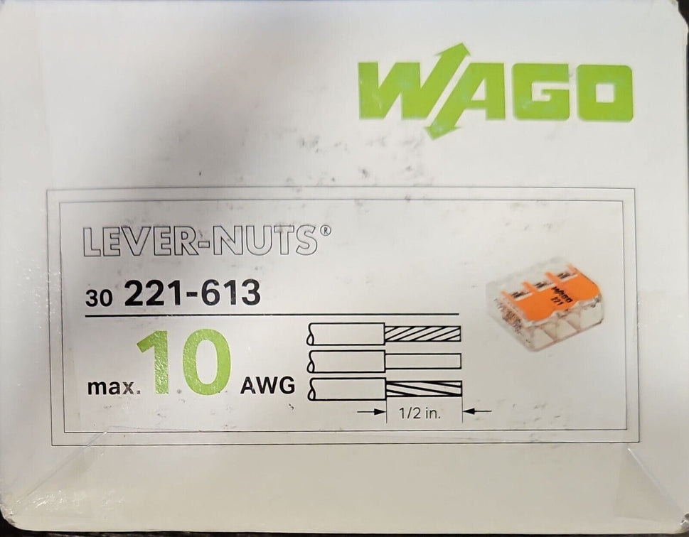 Wago 221-613 LEVER-NUTS 10AWG 3 Conductor Compact Wire Connectors 30 PK